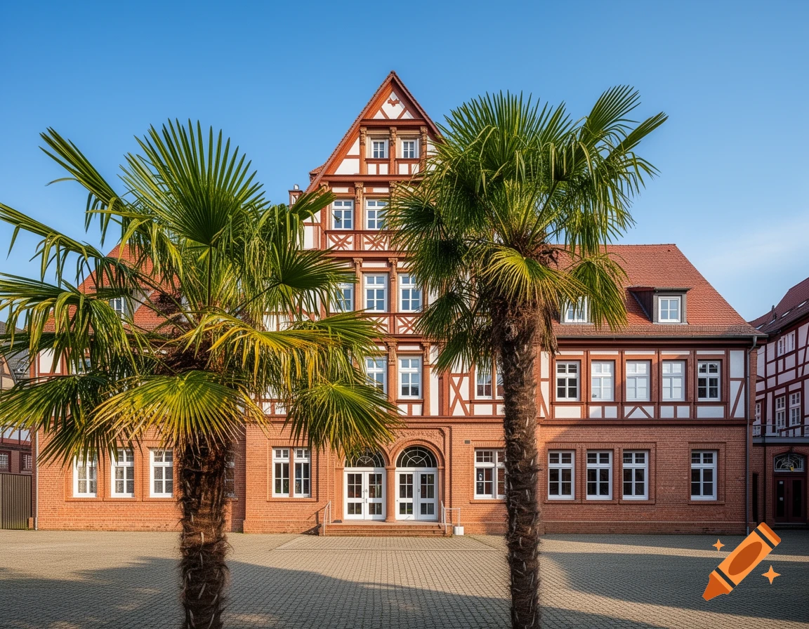 A red brick building with white and red timber-frame details and a steep gable roof, partially framed by two green palm trees under a clear blue sky.