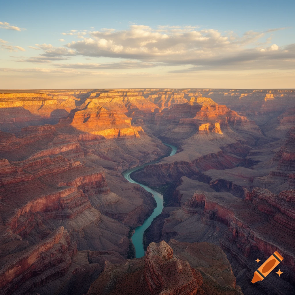 An aerial view of a winding river through a vast, sun-drenched canyon with layered rock formations under a partly cloudy sky.
