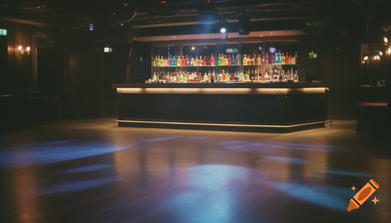 An empty, dimly lit disco bar with colorful bottles behind the counter and blue and purple lights reflecting on the wooden dancefloor, featuring a cinematic film photography style.