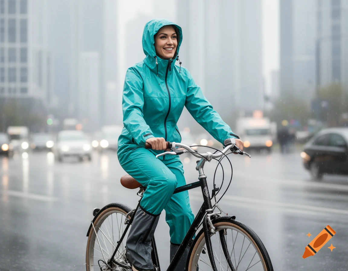A woman in a teal rain suit rides a bicycle on a wet city street in the rain, smiling.