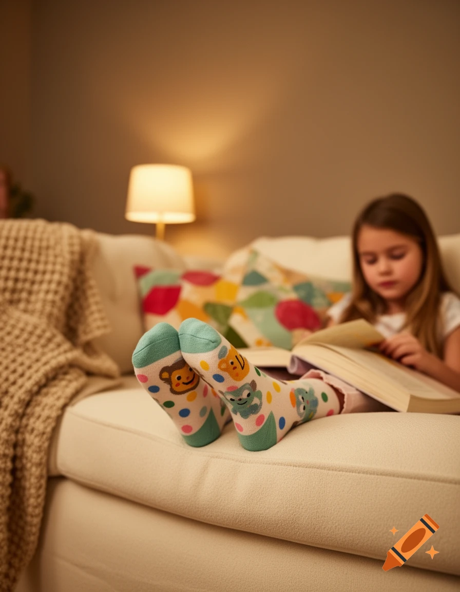 A girl in cute animal-patterned socks reads a book while relaxing on a couch in a softly lit room.