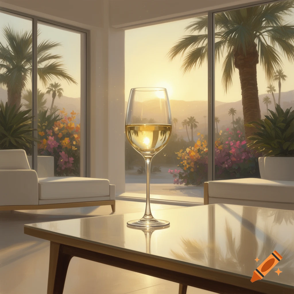 A glass of white wine sits on a reflective table in a modern room, overlooking a sunny Palm Springs landscape with palm trees and a sunset.