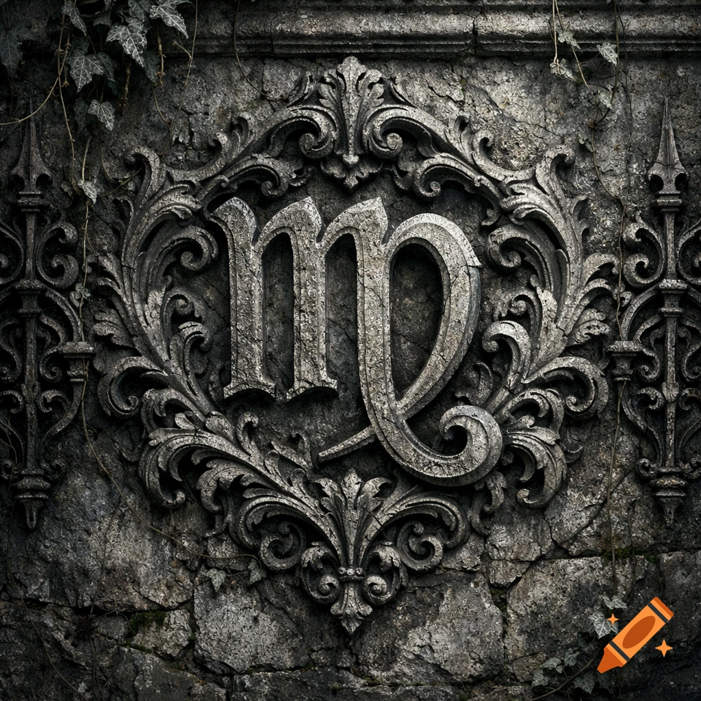 Gothic style Virgo zodiac symbol carved into an ornate, weathered stone wall, with ivy growing on it.