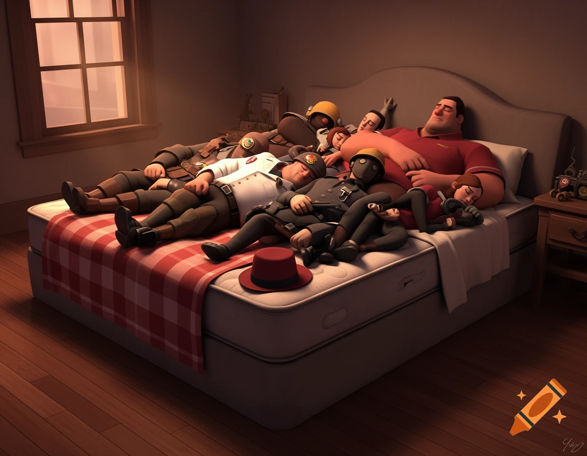 Cartoon characters from Team Fortress 2, including the Heavy and Medic, sleeping soundly in a bed.