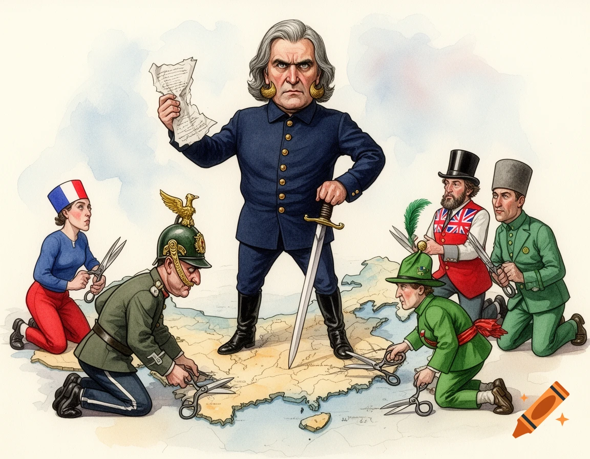 Watercolor caricature of a stern man with a sword, standing on a map of China, while five other historical figures cut pieces from the map.