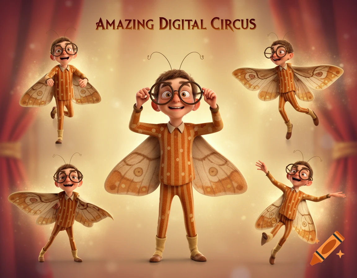 Five 3D animated poses of a nerdy male character with moth wings and glasses, on a stage with "AMAZING DIGITAL CIRCUS" text.