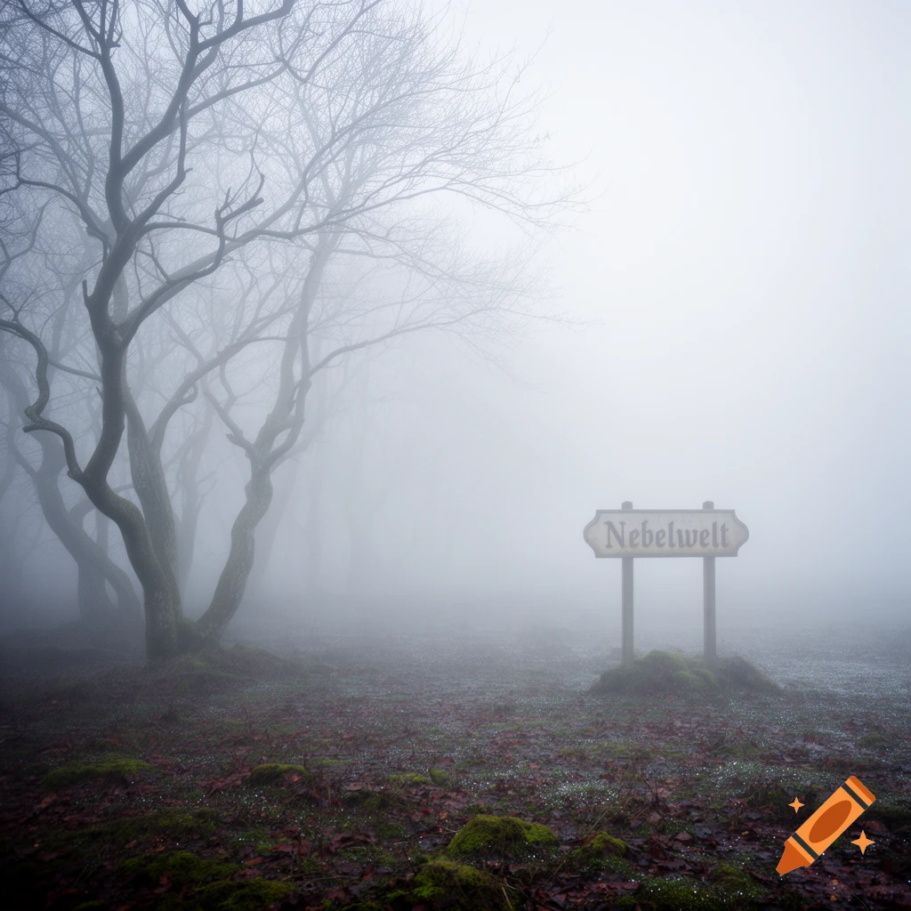 A dark, foggy forest with bare, twisted trees and a sign reading "Nebelwelt" on a mossy, leaf-covered ground.