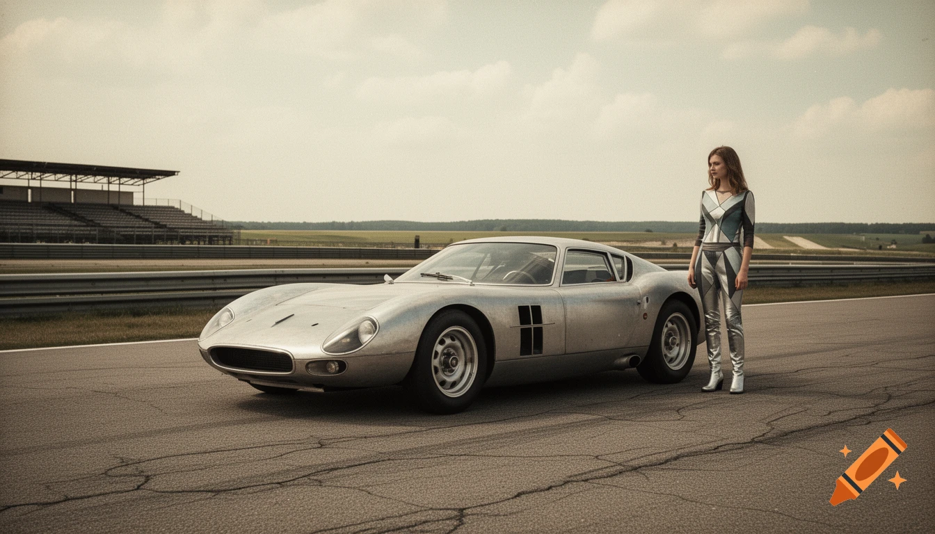 A woman in a geometric silver and blue retro-futuristic jumpsuit stands next to a silver 1960s sports car on a cracked racetrack.
