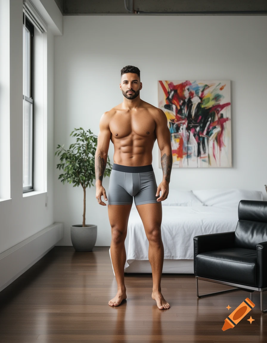 A shirtless, muscular man with a beard and tattoos stands in gray boxer briefs in a modern bedroom with a large window and abstract art.