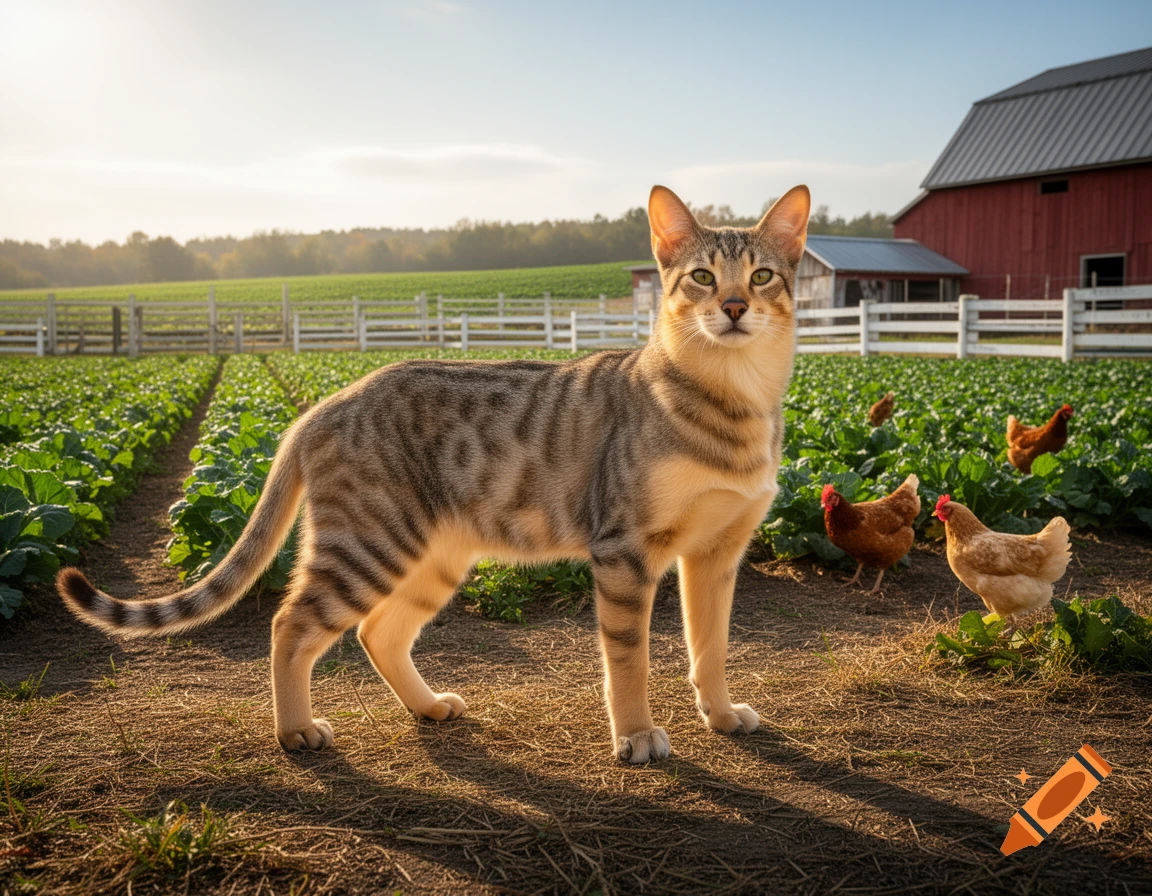 A tabby cat stands in a sunny farm field with rows of green plants and chickens, a red barn in the background.