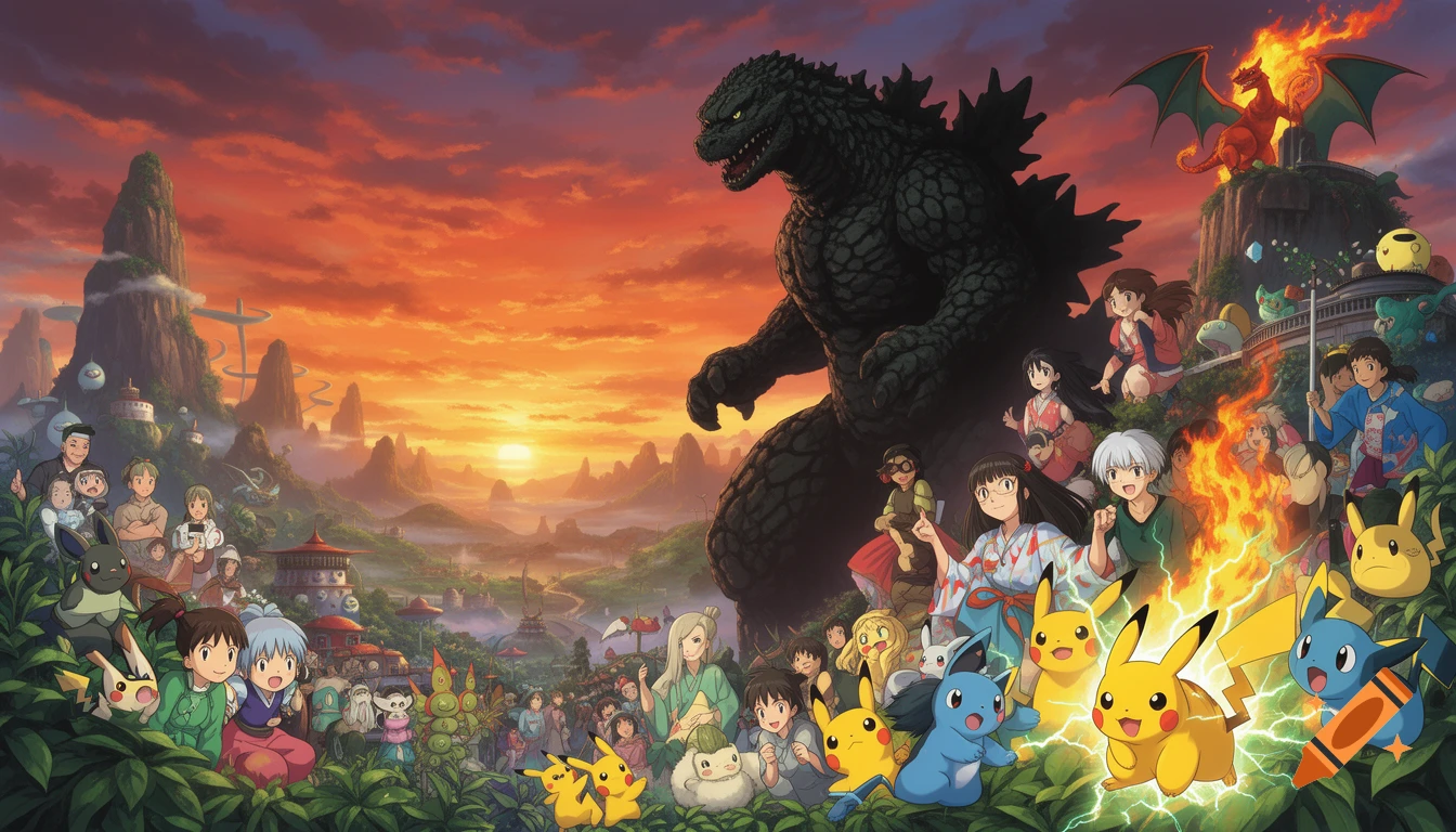 A large-scale anime illustration depicting Godzilla, Charizard, Pikachu, and various Ghibli-style characters gathered in a lush mountainous landscape at sunset.