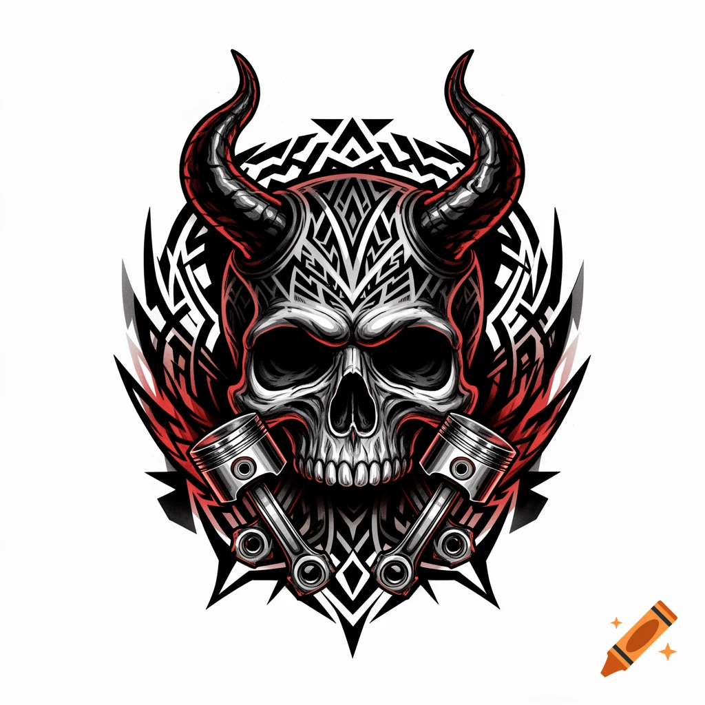 A stylized black, white, and red tattoo design of a horned skull with two engine pistons crossed below it, against a tribal pattern background.