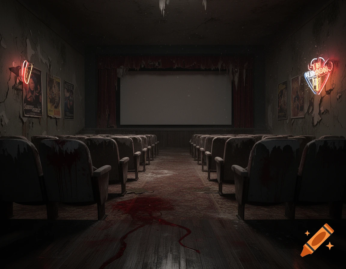 A dark, abandoned cinema with rows of dusty seats, a blank screen, peeling walls, and bloodstains on the floor and chairs.