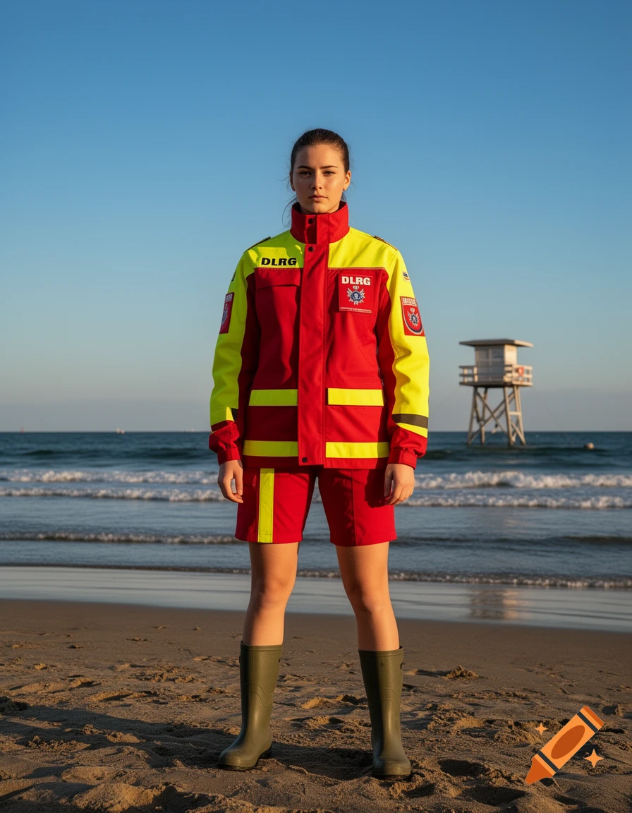 A young woman in a red and yellow DLRG lifeguard uniform stands on a sandy beach. In the background are ocean waves, a clear blue sky, and a lifeguard tower.