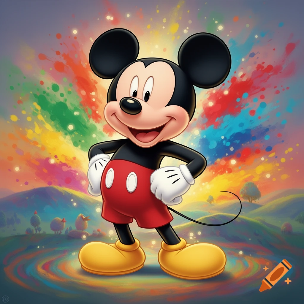 Mickey Mouse stands happily in a vibrant, colorful landscape with paint splatters and glowing lights.