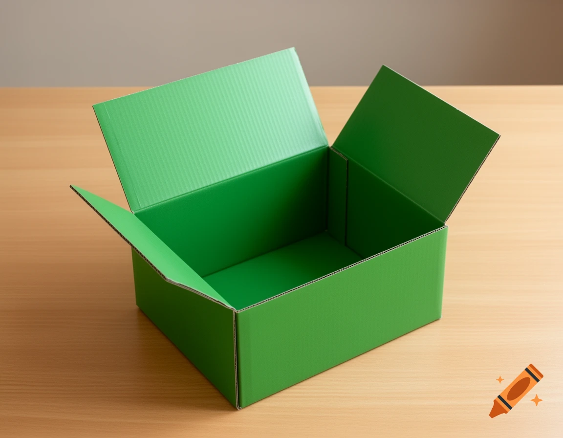 An empty green cardboard box with an open top sits on a light wooden table.