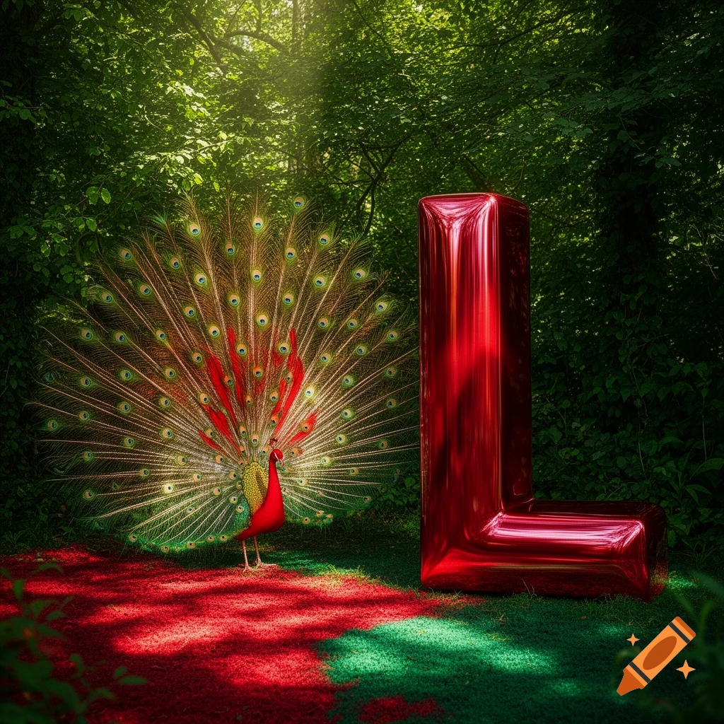 A red peacock with fanned tail feathers stands on a red forest floor next to a shiny red letter L. Lush green forest background.