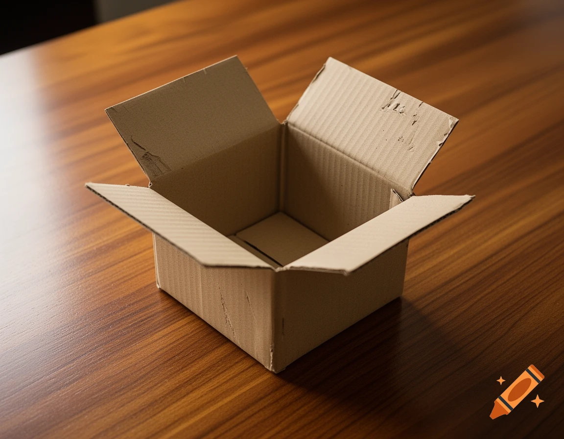 An open, empty cardboard box sits on a polished wooden table.