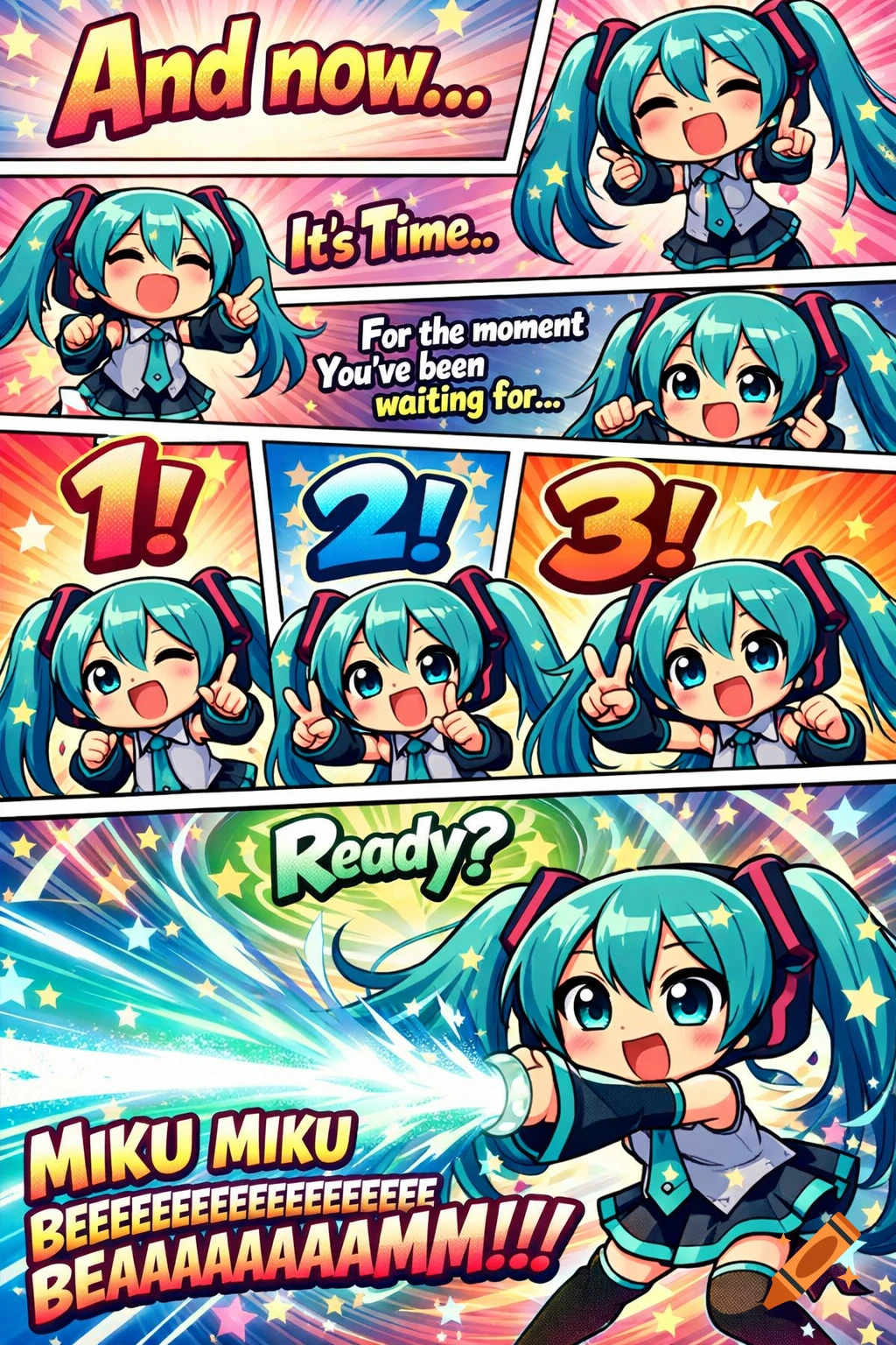 A colorful comic strip featuring a chibi Hatsune Miku counting down from three before performing a 'Miku Miku Beam'.