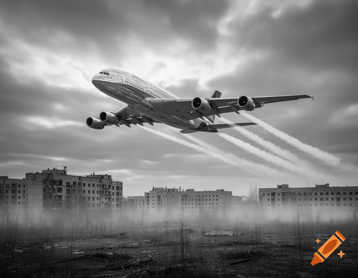 A photorealistic black and white image of an A380 airplane flying over a misty, desolate landscape with crumbling buildings and a cloudy sky.