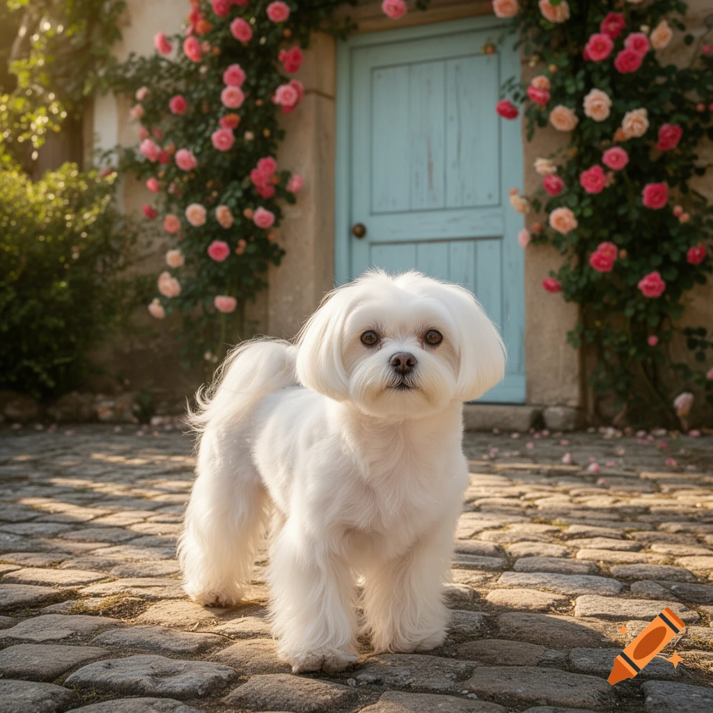 A white Maltese dog stands on cobblestones in front of a house with climbing pink roses.
