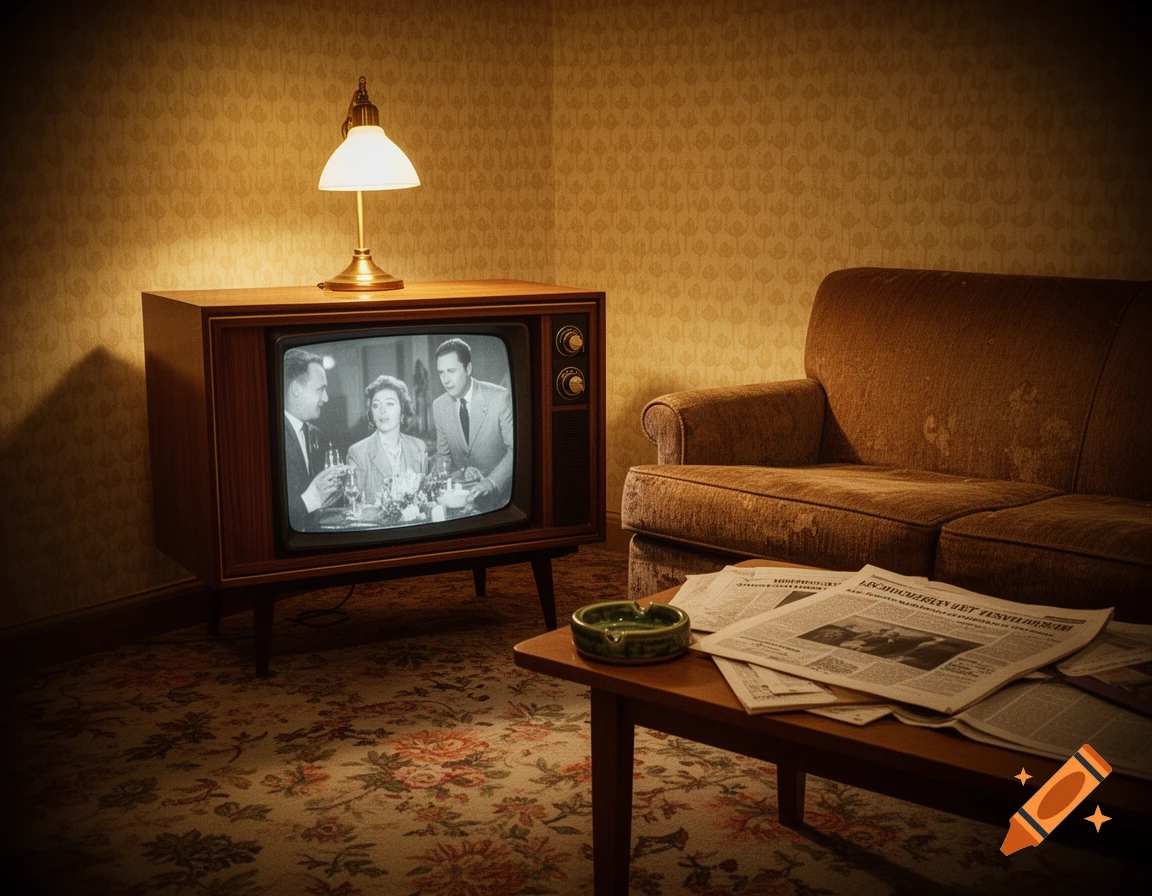 A vintage living room with a retro television showing a black-and-white program, a lit lamp, and a brown sofa next to a coffee table with newspapers.