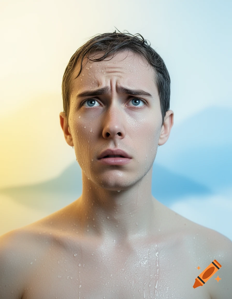 Photorealistic portrait of a young man covered in water droplets, looking up with a worried expression against a yellow and blue background.