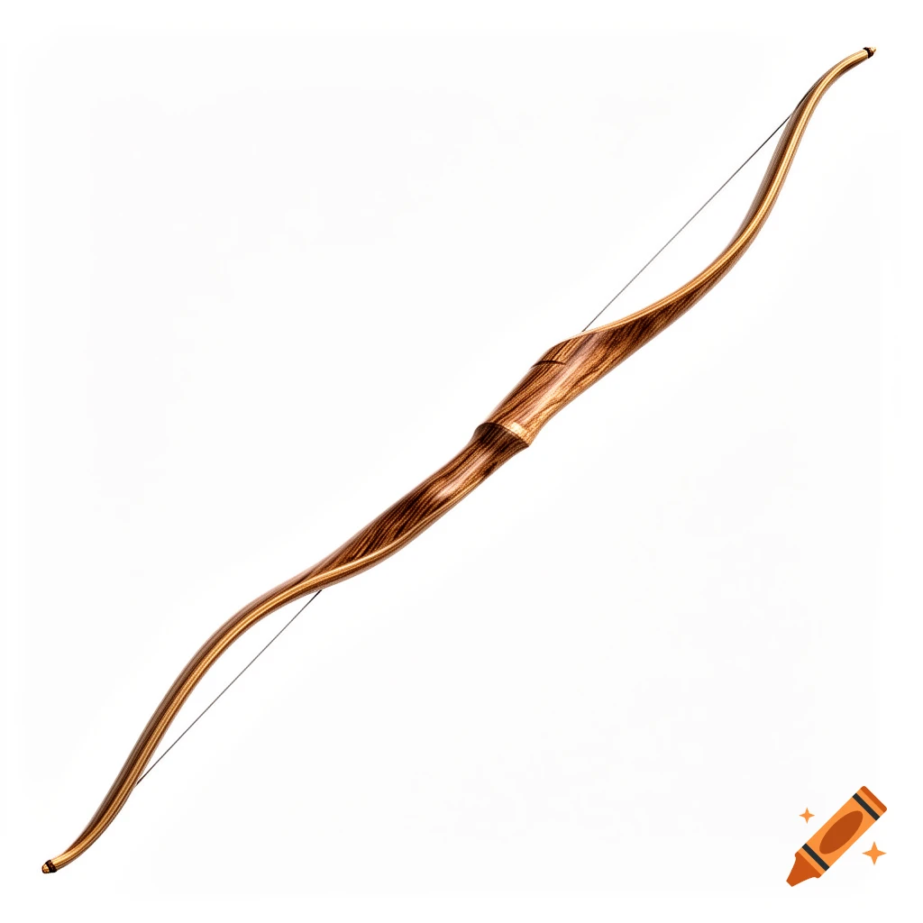 A polished wooden recurve bow with a string, isolated on a bright white background.