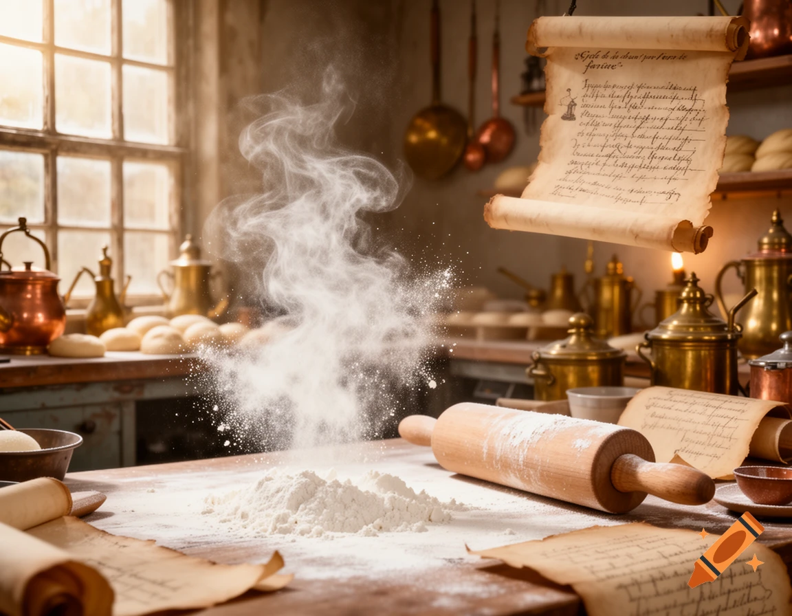 Flour rising from a pile on a wooden table with a rolling pin and old recipe scrolls in a sunny, vintage kitchen.