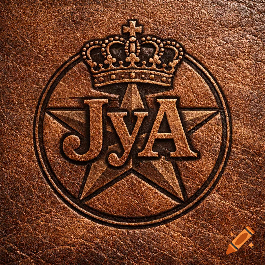 Embossed leather emblem with the initials JYA, a star, a circle, and a crown with a cross.