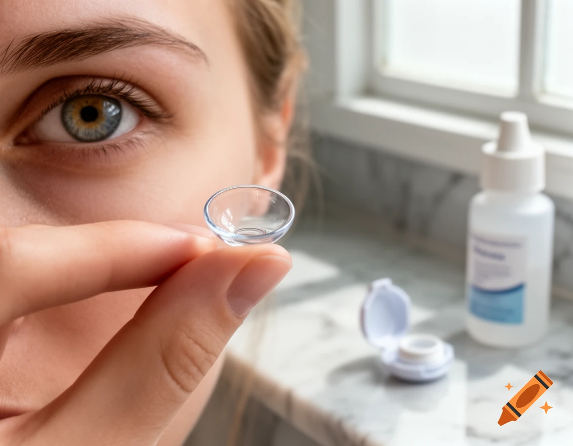 Close-up of a person's eye, with a hand holding a contact lens ready to insert. Contact lens solution is blurred in the background.