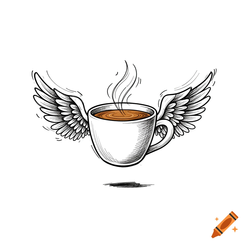 Doodle sketch of a steaming coffee cup with detailed wings, rendered in black, white, and brown.