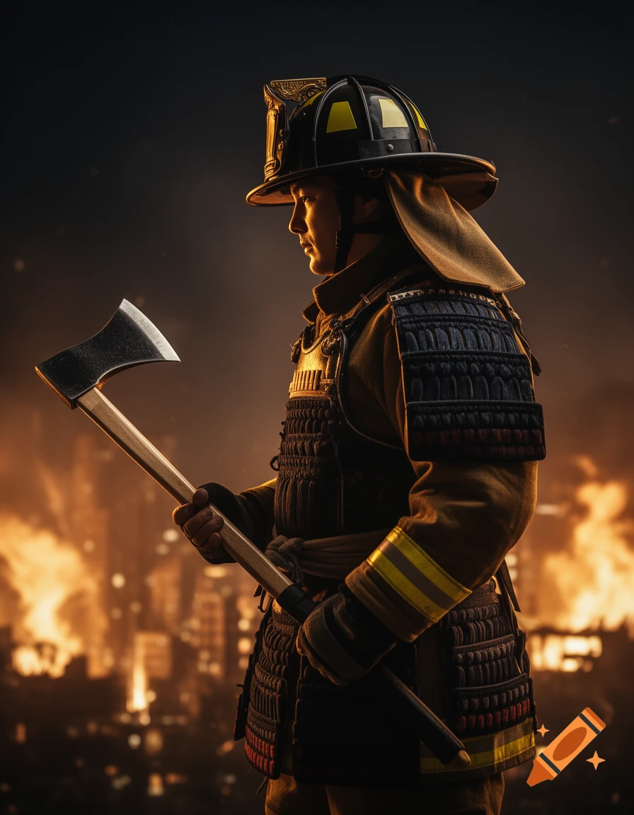 A firefighter wearing samurai-style armor holds an axe, standing against a backdrop of a burning city.