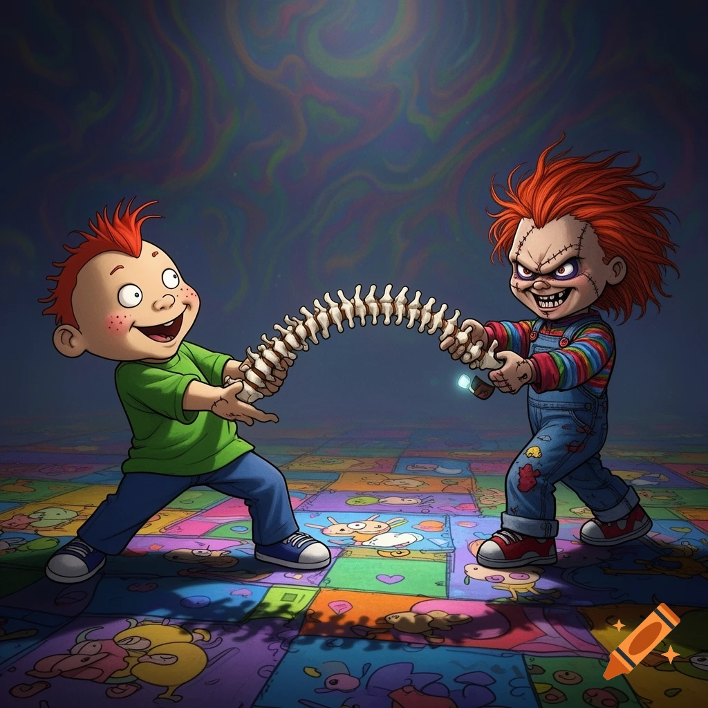 Cartoon Chucky doll and a red-haired Rugrats-style boy playing tug-of-war with a spine on a colorful patterned floor.