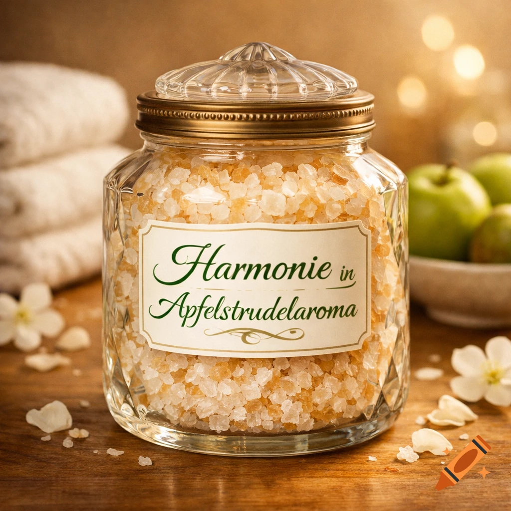 Photorealistic image of a glass jar of 'Harmonie in Apfelstrudelaroma' bath salts with apples, towels, and petals.