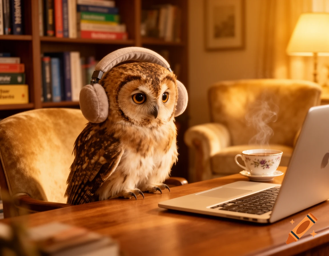 A photorealistic owl wearing headphones sits at a desk with a laptop and a steaming cup in a cozy, book-lined room.