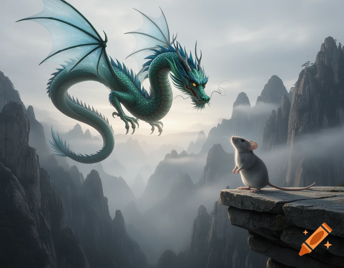 A majestic teal dragon with glowing eyes flies above a misty mountain ...