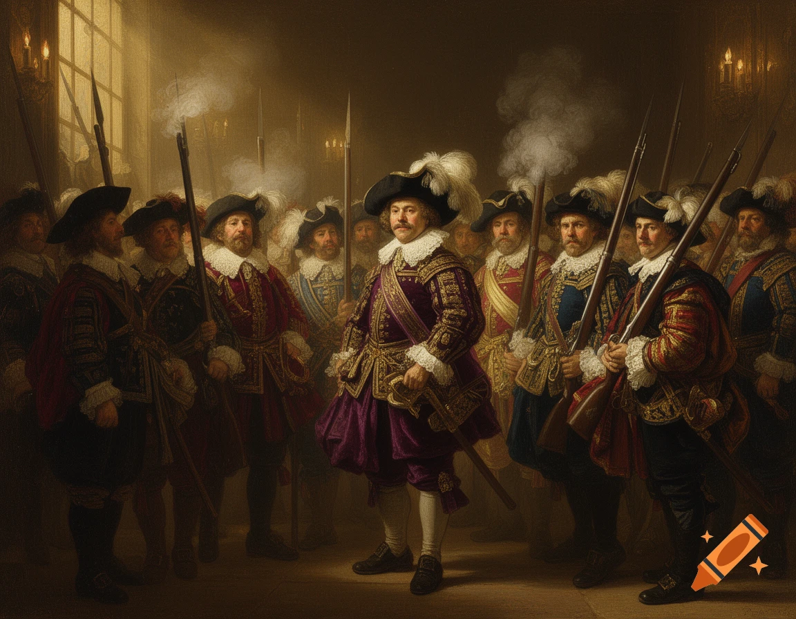 A historical painting of a group of men in 17th-century military attire, standing with muskets in a warmly lit interior.