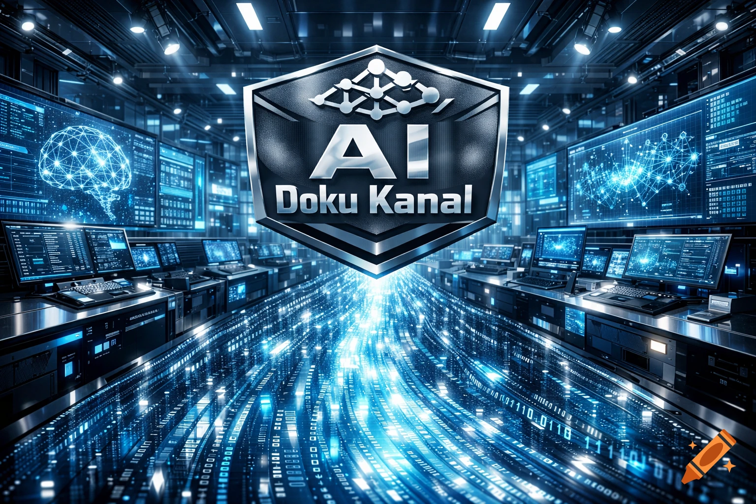 A futuristic data center with glowing blue binary code streams, featuring a metallic emblem with 'AI Doku Kanal' text.