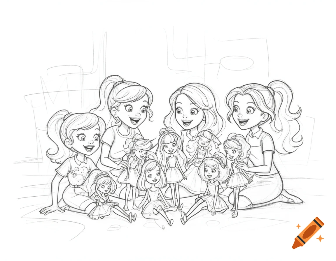 Four cartoon sisters with ponytails in a simple pencil sketch style, sitting and playing with several small dolls.