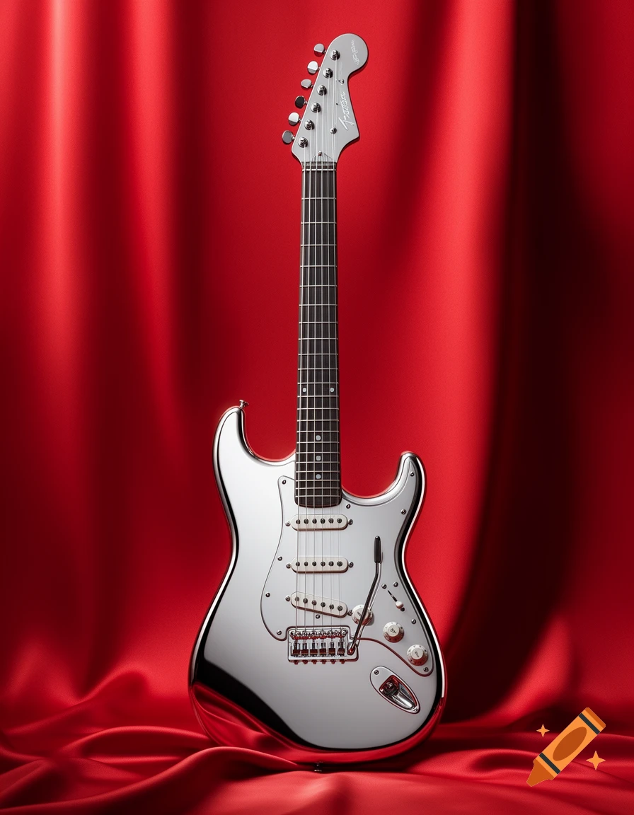 A shiny chrome Fender Stratocaster electric guitar stands vertically against a draped red silk background, rendered in a photorealistic style.