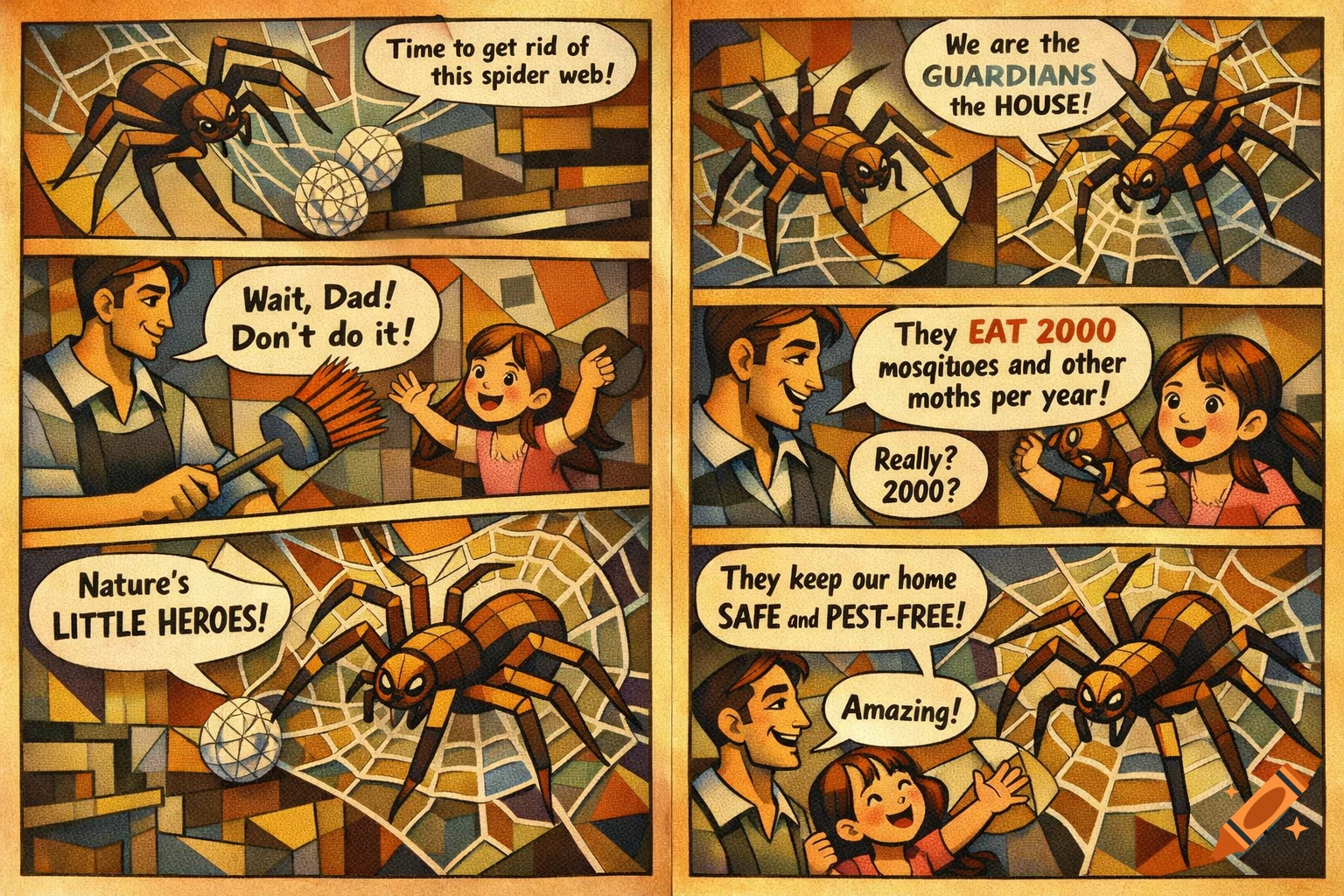 A comic strip in a cubist style showing a father about to clean a spiderweb while his daughter stops him, explaining that spiders eat 2000 mosquitoes and moths annually, calling them 'Nature's LITTLE HEROES!' and 'GUARDIANS the HOUSE!'