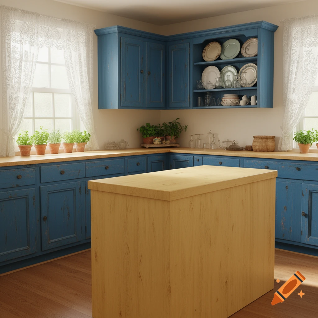 A cottage core kitchen with distressed blue cupboards, wooden countertops, and a large central wooden island. Potted herbs line the window.