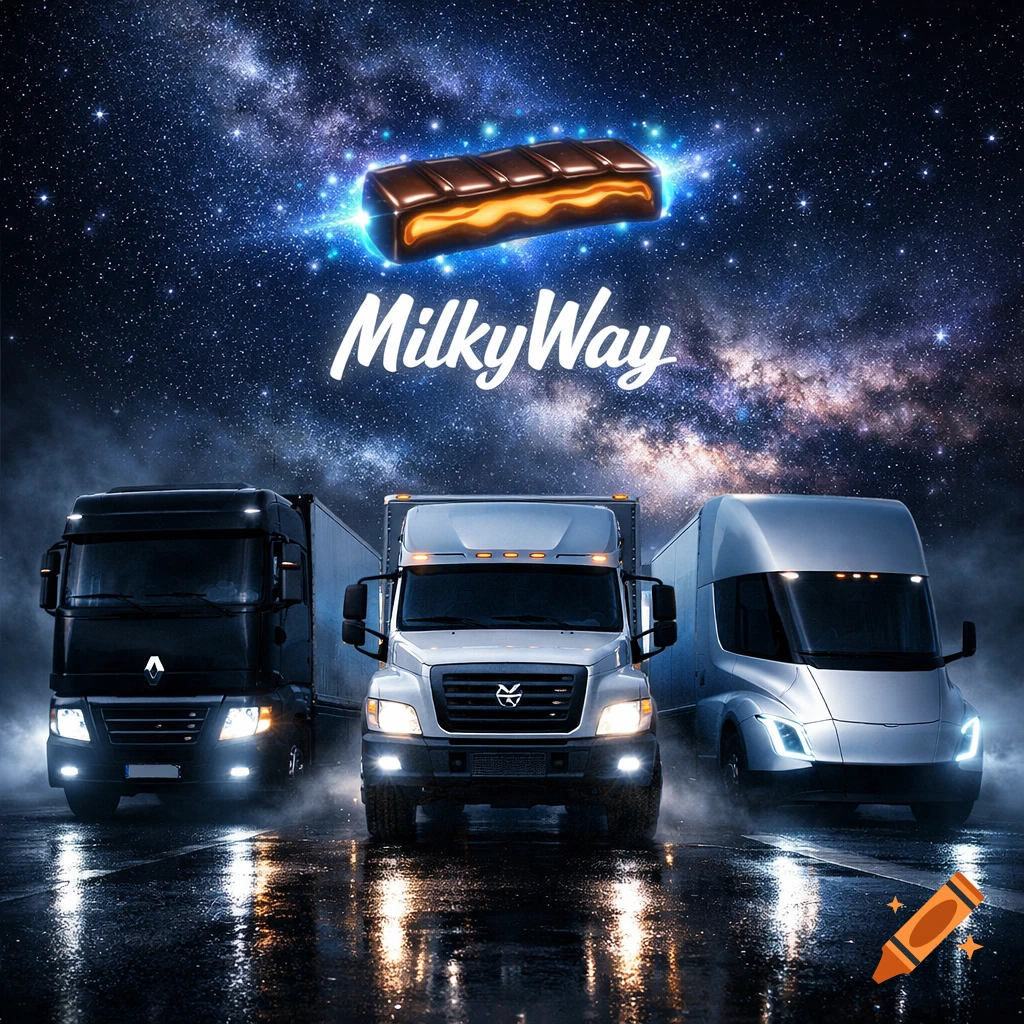 Three trucks on a wet road at night under a starry sky with the Milky Way galaxy, glowing chocolate bar, and 'MilkyWay' text.
