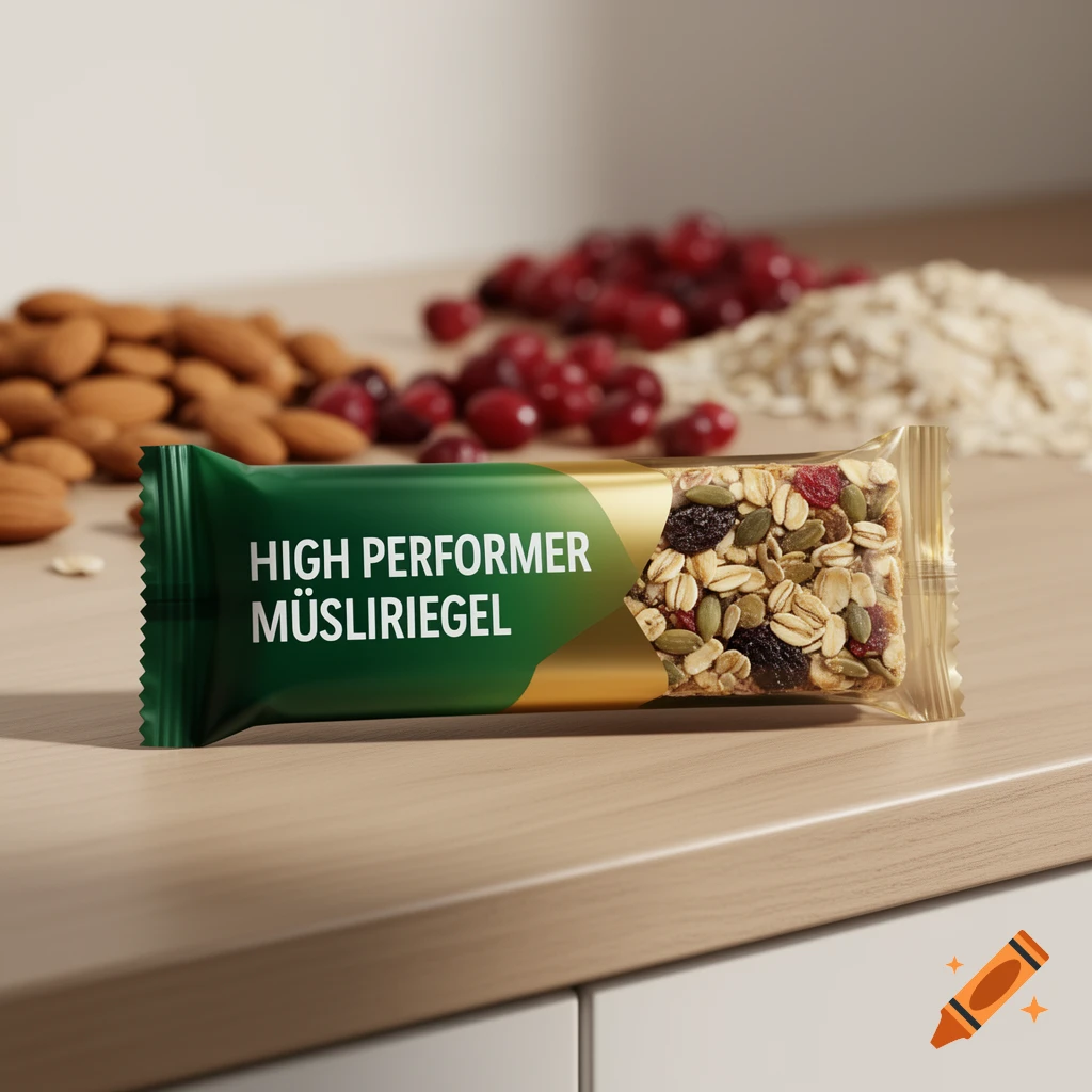 A high performer granola bar in green and gold packaging on a wooden surface, with blurred almonds, cranberries, and oats in the background.