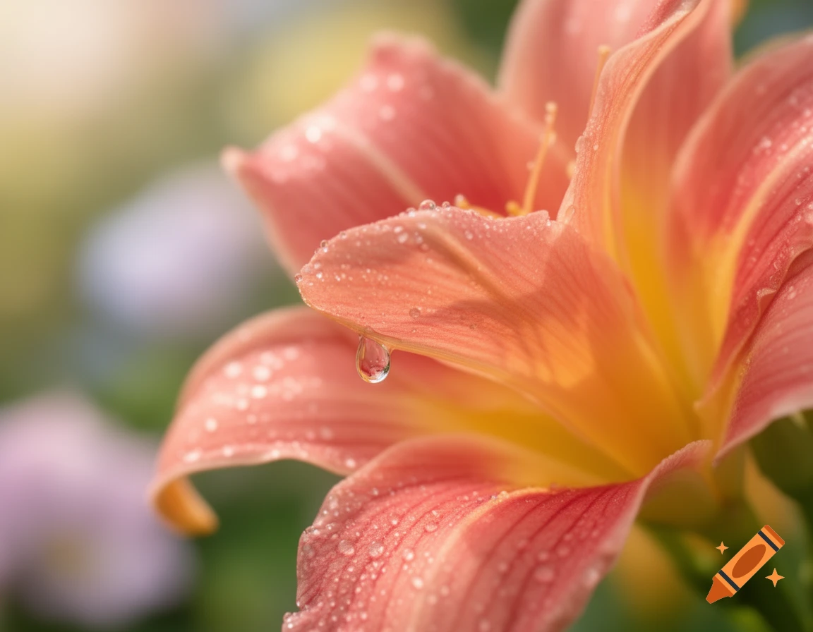 Close-up of a vibrant orange and yellow lily petal covered in glistening water droplets with a soft, blurred background.