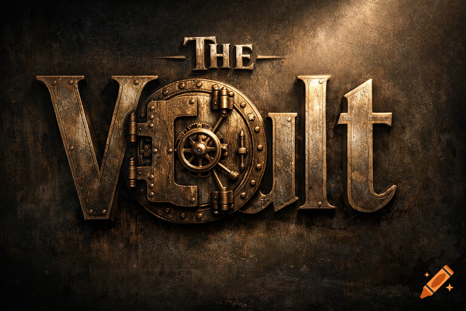 The text 'THE VAULT' in metallic, industrial style, with an antique safe door as the letter 'A', against a dark, textured background.