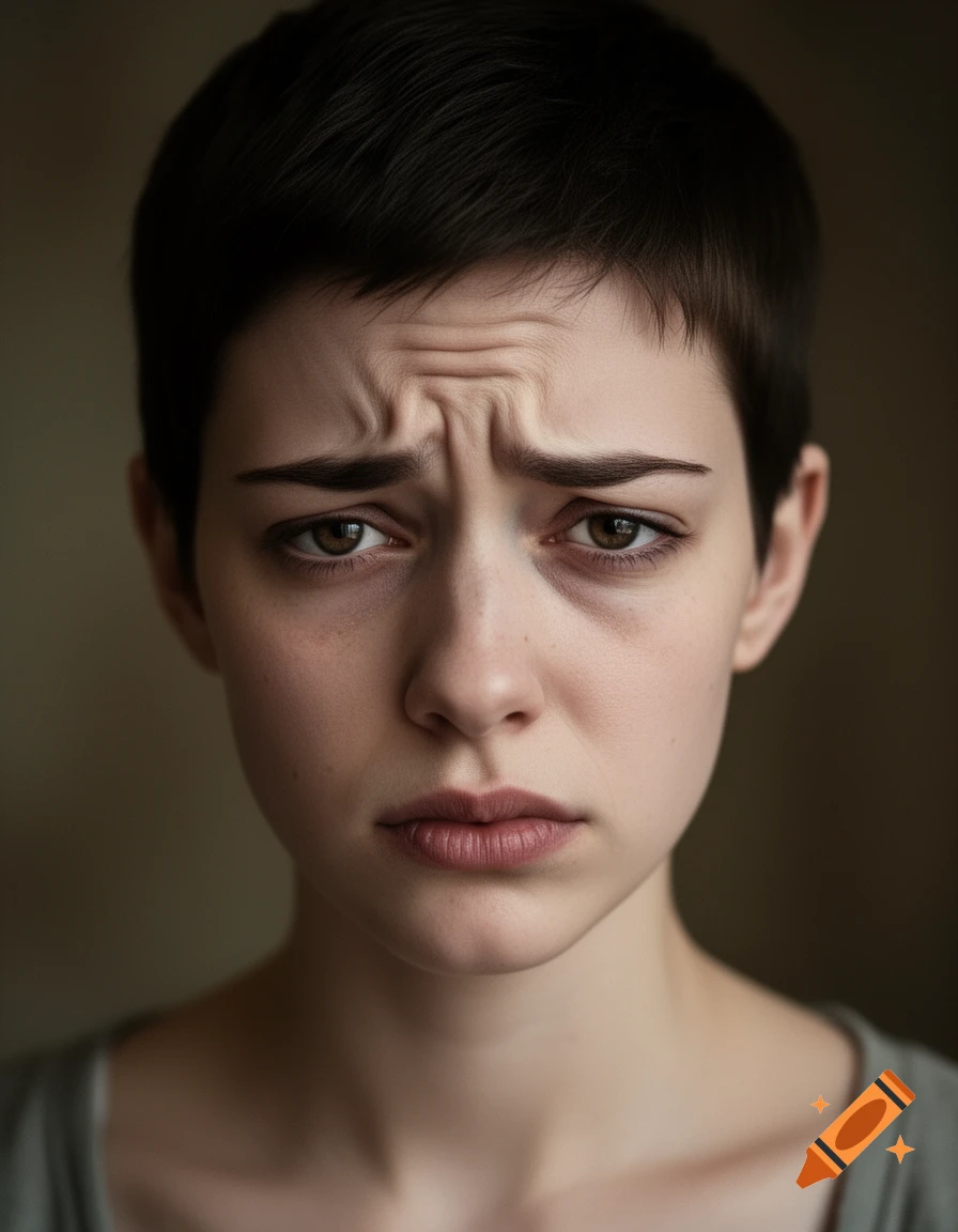 Close-up, photorealistic portrait of a young woman with a short dark pixie cut, deeply furrowing her brow, looking distressed and exhausted.