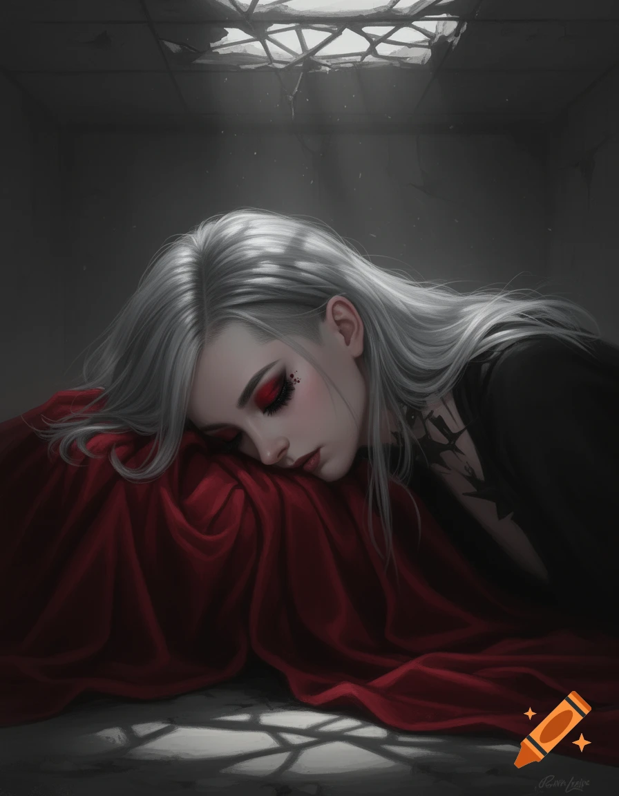 Atmospheric painting of a woman with silver hair and red eyeshadow, resting her head on red fabric in a dark room.