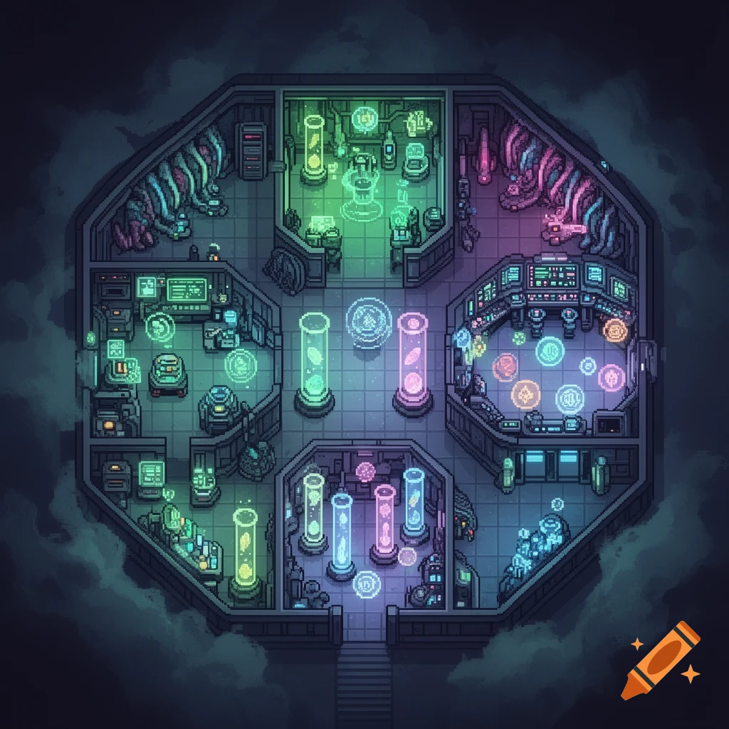 Top-down 2D pixel art of a futuristic UFO interior with multiple rooms, glowing alien technology, and vibrant neon lights.